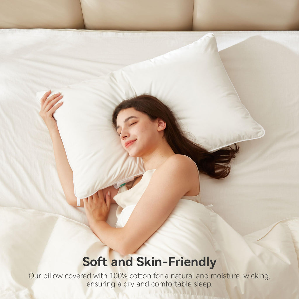 Goose Feather Down Pillows Soft Breathable Cotton Cover Set