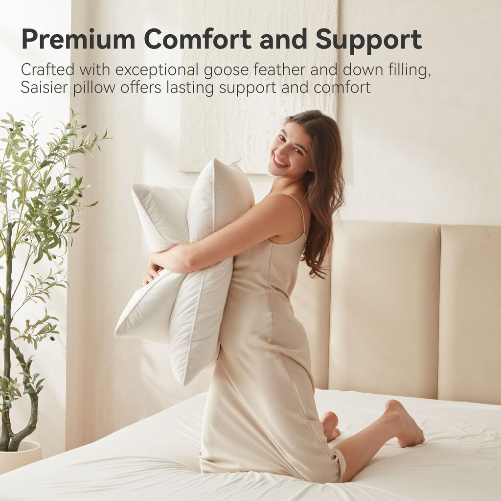 Goose Feather Down Pillows Soft Breathable Cotton Cover Set
