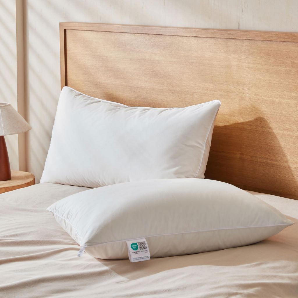 Goose Feather Down Pillows Soft Breathable Cotton Cover Set