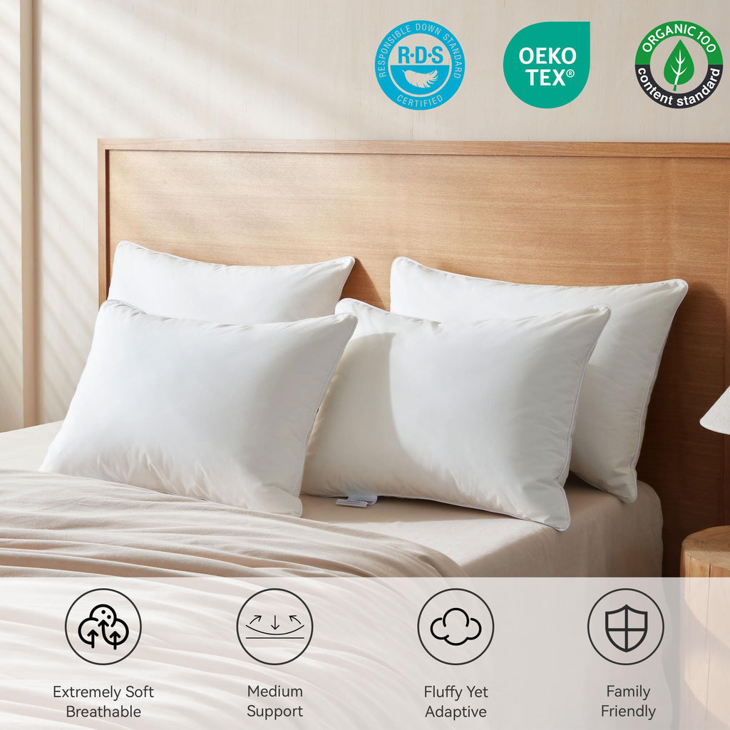 Goose Feather Down Pillows Soft Breathable Cotton Cover Set